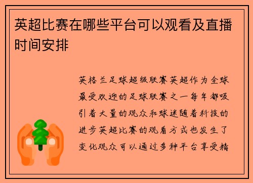 英超比赛在哪些平台可以观看及直播时间安排 英超比赛在哪些平台可以观看及直播时间安排